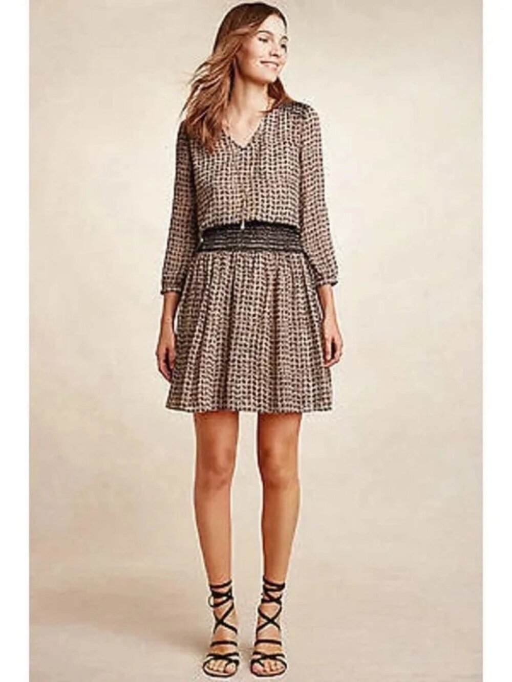 ANTHROPOLOGIE VANESSA VIRGINIA DAYTRIPPER BEIGE BLACK SMOCKED WAIST DRESS